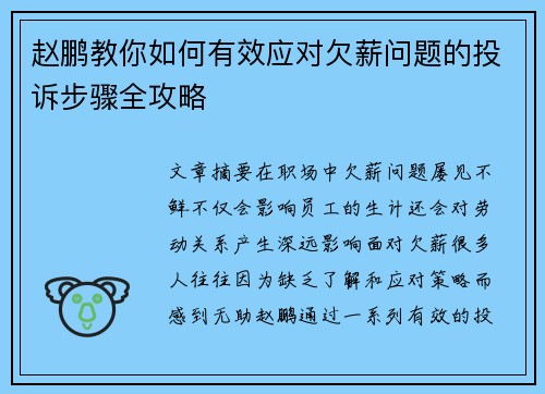 赵鹏教你如何有效应对欠薪问题的投诉步骤全攻略